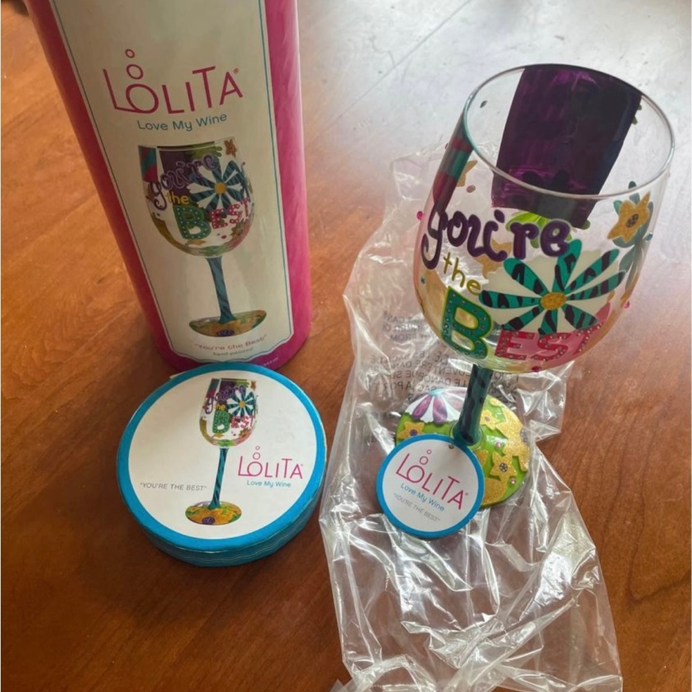 New in box Lolita hand painted wine glass